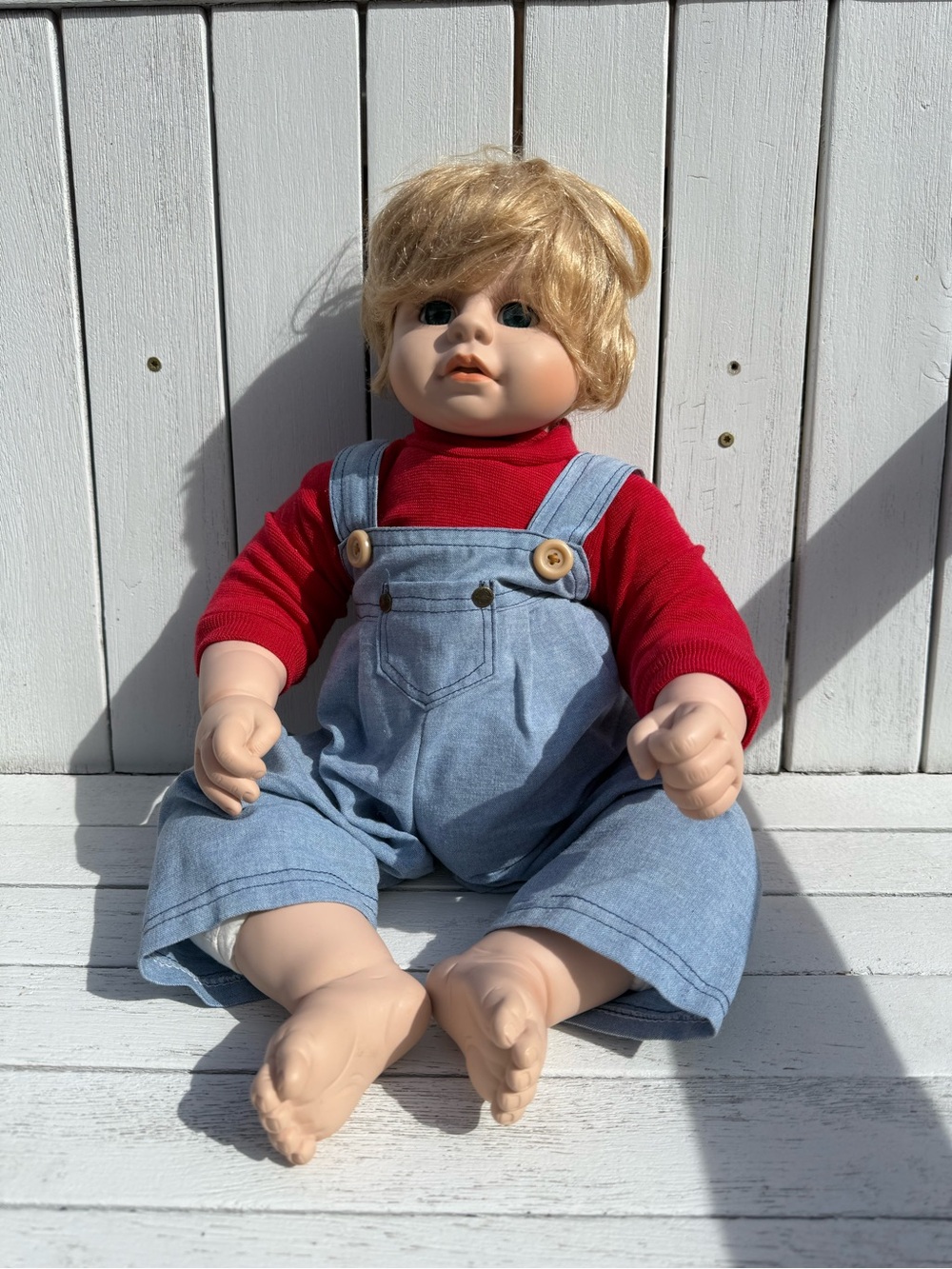 Heritage Red Long-Sleeve Top with Light Blue Denim Overalls Doll Outfit